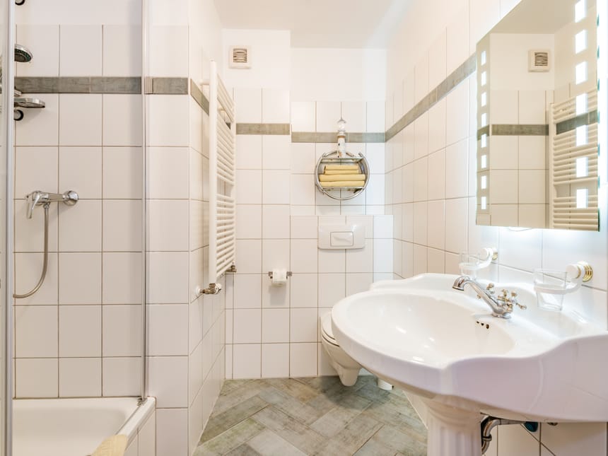 Badbereich mit Dusche, WC, Wandspiegel und Waschtisch